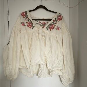 COPY - Free People Cream Embroidered Blouse with Puff Sleeves